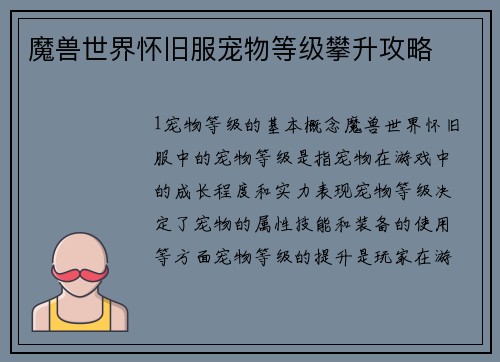 魔兽世界怀旧服宠物等级攀升攻略